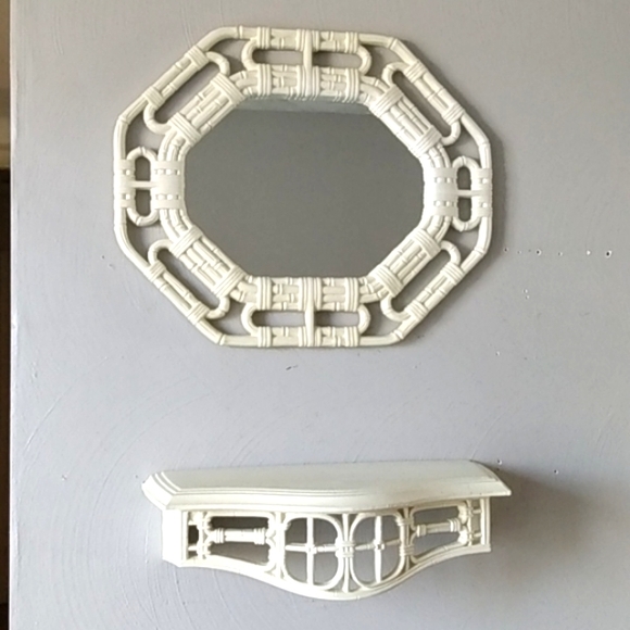 Homco white faux wicker mirror & shelf - Picture 2 of 16